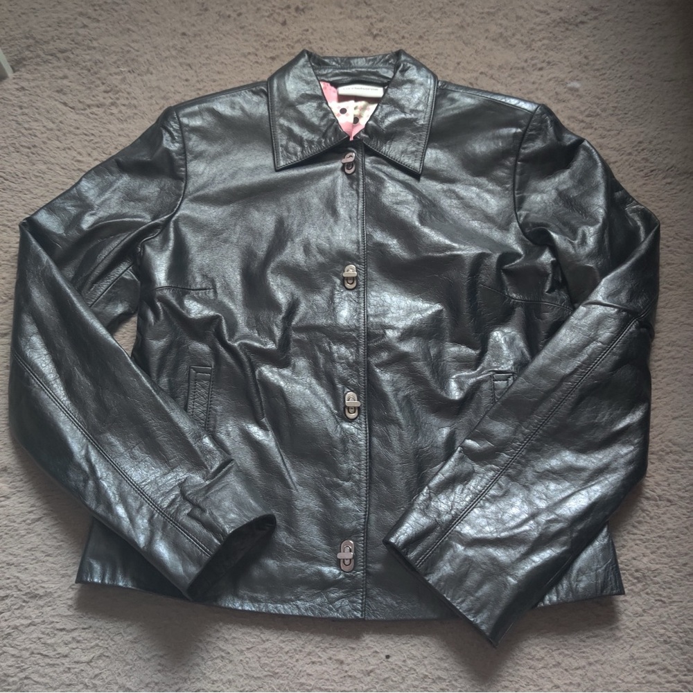 Liz Claiborne Black Leather Jacket Silver Tone Turn-lock closure Pink dot lining - Picture 2 of 6